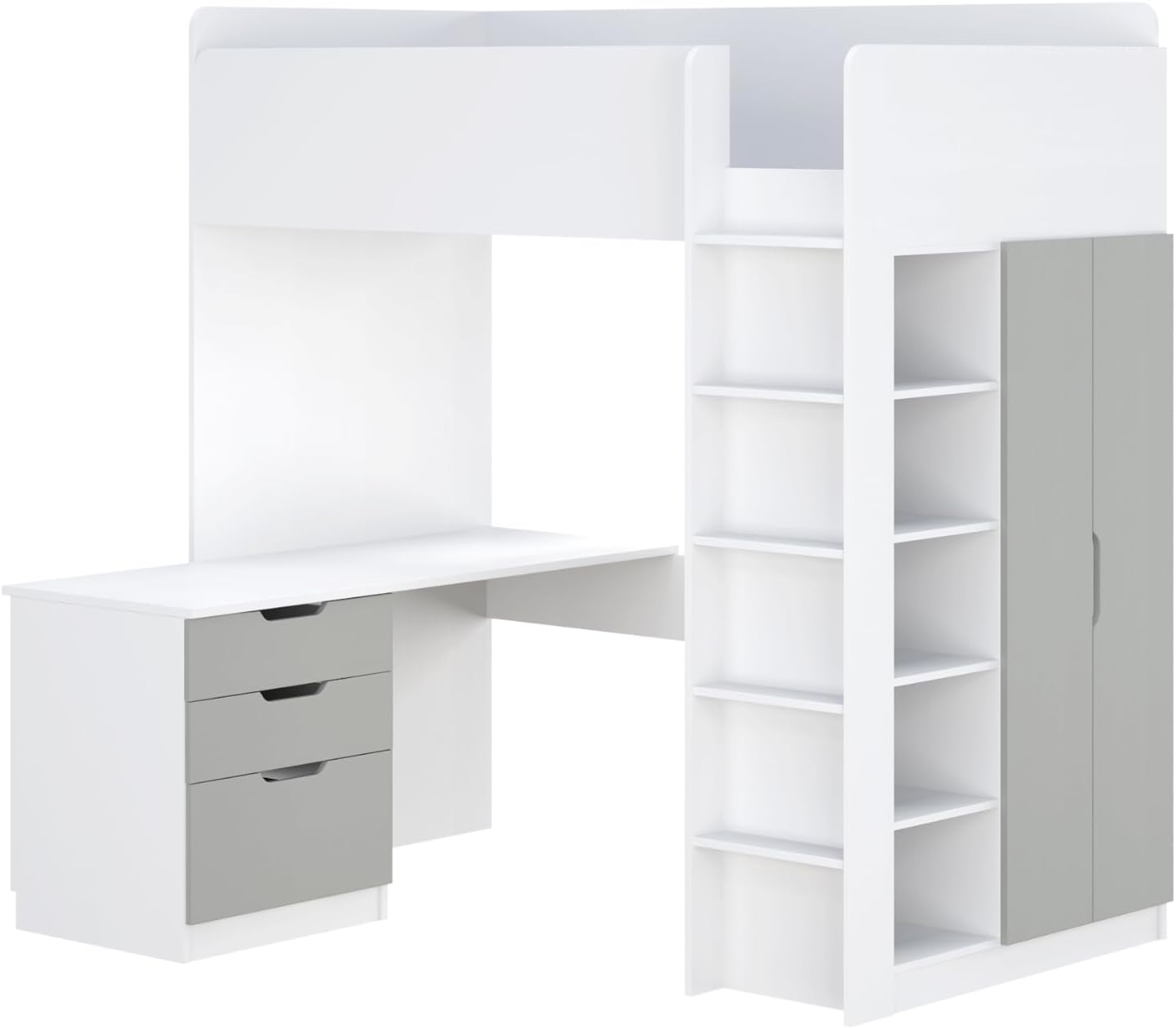 Shefa Kids Hochbett Mit Schreibtisch - Platzsparendes 5-in-1 Hochbett Kinder Mit Treppe, Kleiderschrank, Regal & Arbeitsbereich - Grau, Belastbar Bis 90 Kg, Maße: 206 x 107 cm