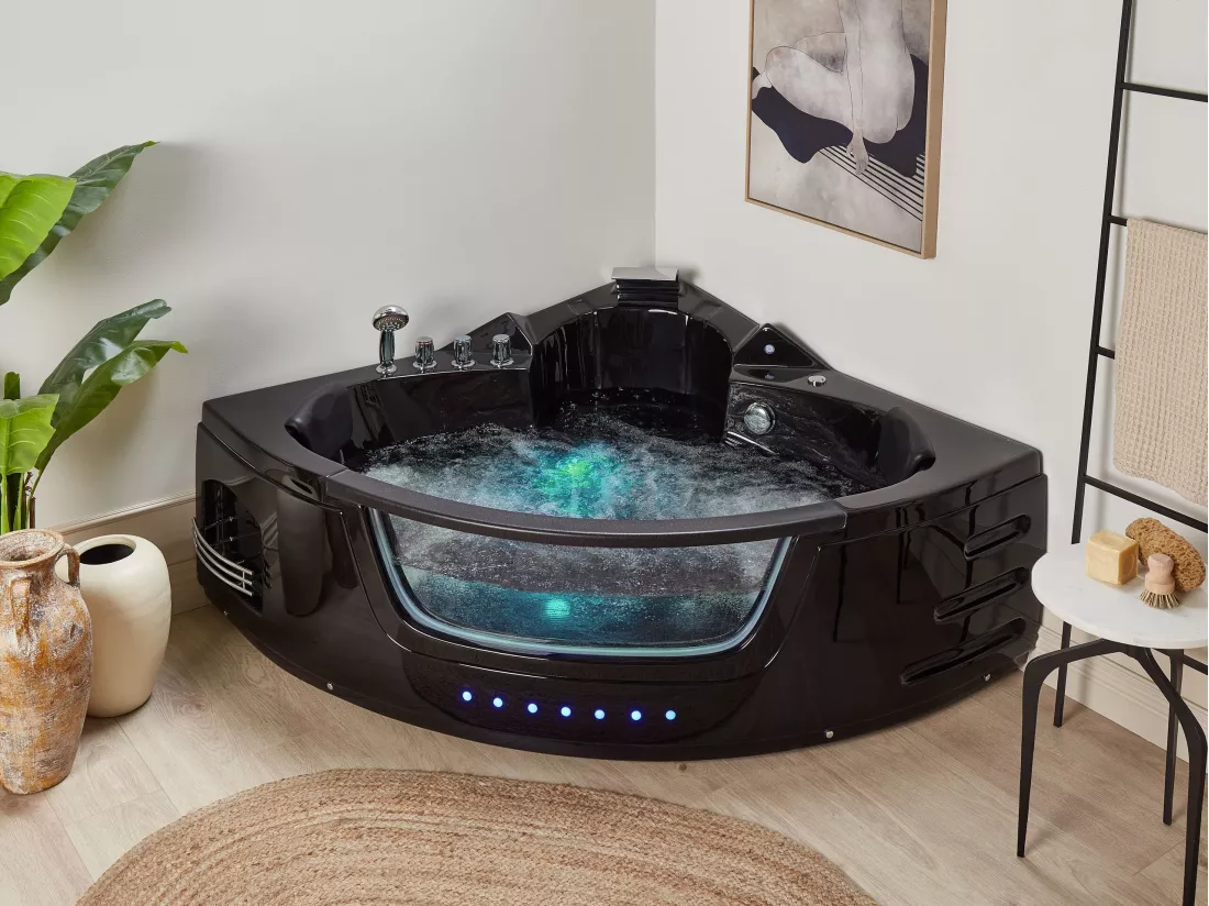 Baignoire d'angle noire 198 x 144 cm avec LED MARTINICA