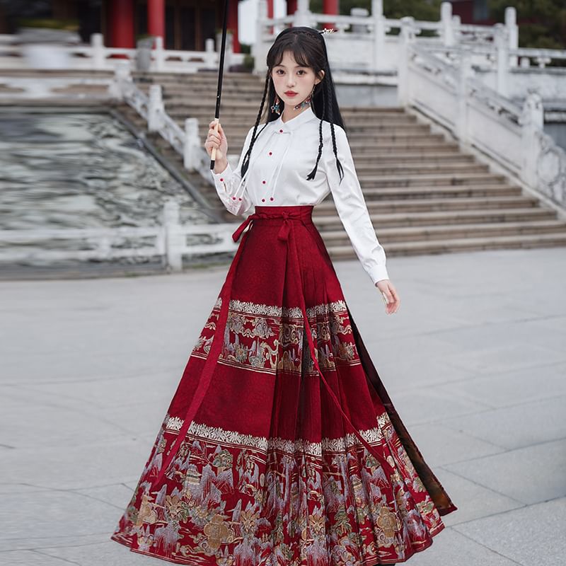 Fioridi - Hanfu-top met pofmouwen en kikkerknopen / Midi-rok met hoge taille en geborduurde bloemen