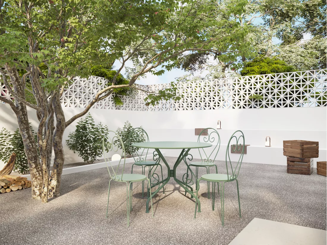 Salle à manger de jardin en métal façon fer forgé : une table D.120cm et 4 chaises empilables - Vert amande - GUERMANTES de MYLIA