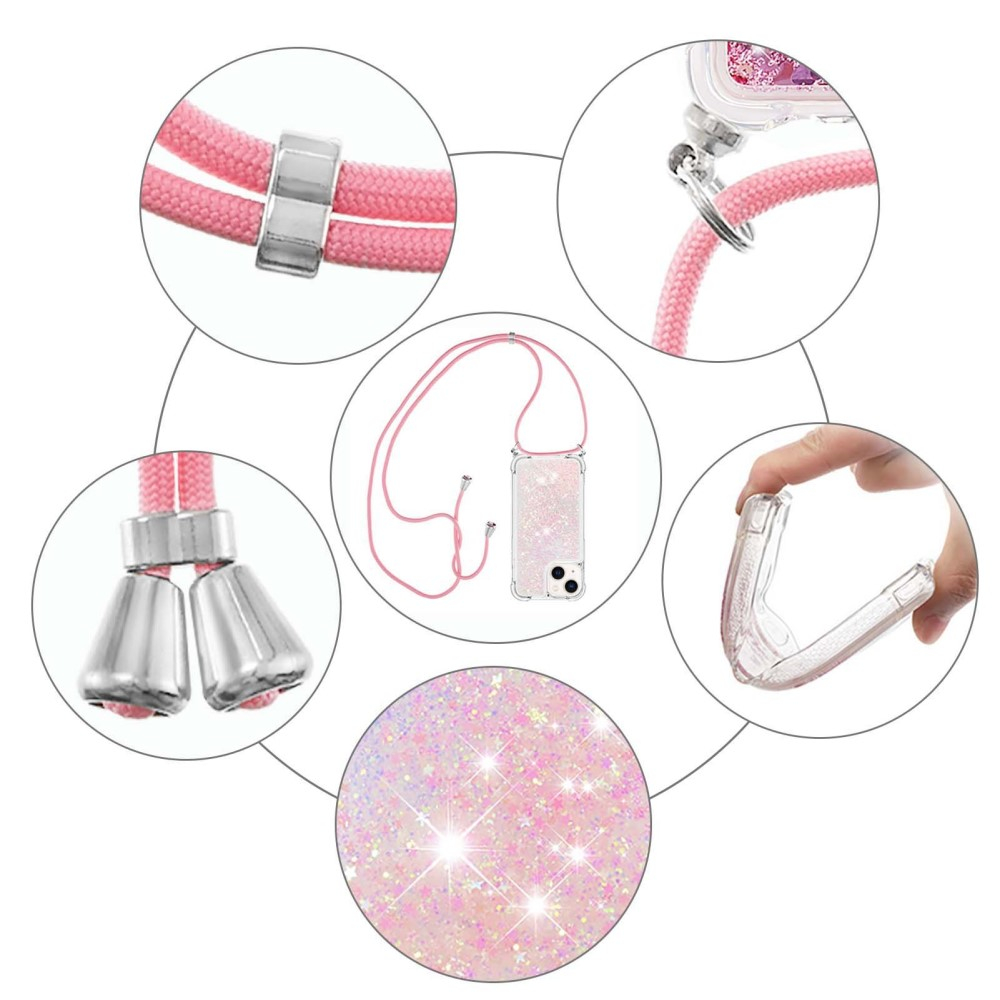 iPhone 14 Necklace Gummi Hülle Liquid Glitzer   Handykette (130cm) - Rosa