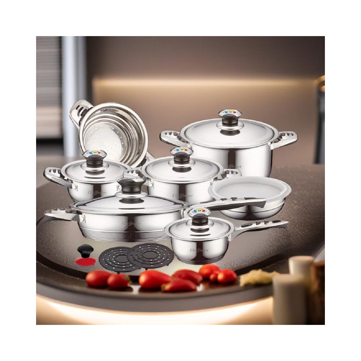 Cheffinger 16-Teilig Kochtopf Set Kochtöpfe Topf Kochtopfset Edelstahl