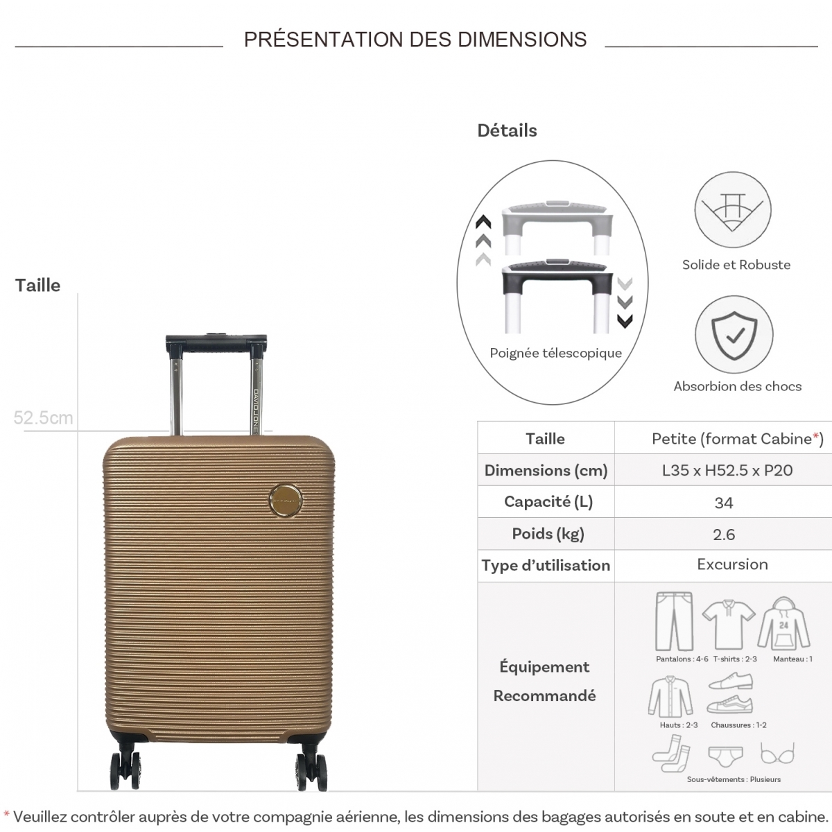 David Jones Valise cabine passe-partout rigide David Jones ABS TSA 52.50cm
