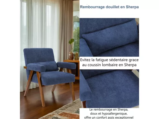 Fauteuil en Sherpa Bleu - pieds en bois massif - avec accoudoirs rembourrés - charge max 125kg - 73x68x83cm