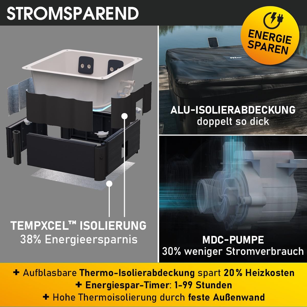BRAST Whirlpool MSpa Oslo mit Fester Außenwand | LED-Beleuchtung mit 20 einstellbaren Farben für 6 Personen | 160x160x65cm | 120 Massagedüsen | Ganzjähriger Einsatz Winterfest | In & Outdoor Pool