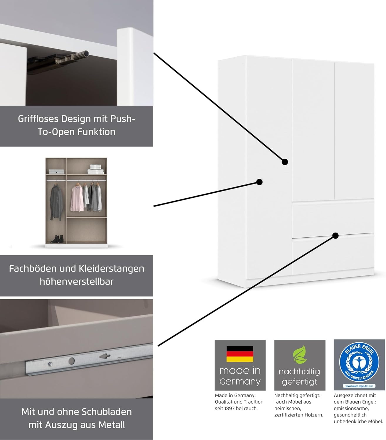 Rauch Möbel Costa, Kleiderschrank für Schlafzimmer, Kinderzimmer, Babyzimmer, Flur, 3-türig, 2 Schubladen, Push-to-Open, Farbe Eiche Artisan, Holz, Griffprofil Grau metallic, Breite 136 cm