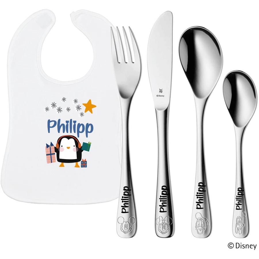 Schnullireich Geschenkset mit Namen WMF Kinderbesteck Mickey & Friends + Lätzchen Pinguin Silber