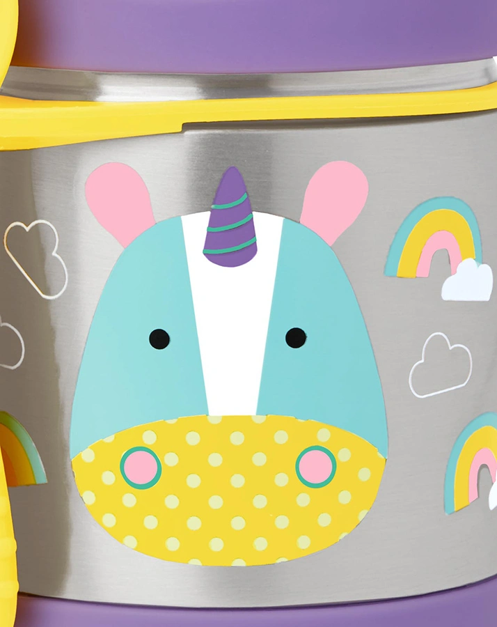 Edelstahl-Warmhaltebehälter ZOO – EINHORN EUREKA mit Göffel in silber/lila