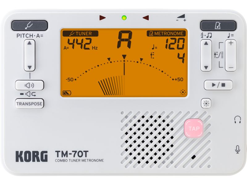 Korg Stimmgerät TM-70 Set Weiss Kombination aus Stimmgerät und Metronom in einem kompakten Gehäuse mit Kontaktmikrofon