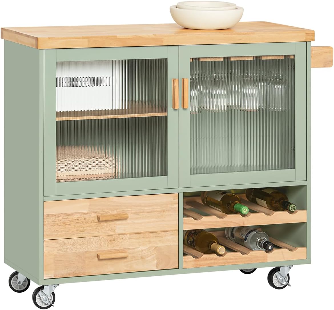SoBuy Mobile Kücheninsel auf Rollen mit 2 Glastüren, Küchenwagen mit Arbeitsplatte Rollwagen Küche Küchen Aufbewahrungseinheit auf Rollen für das Esszimmer Grün und Natur B109 × H92 × T40 cm FKW114-GR