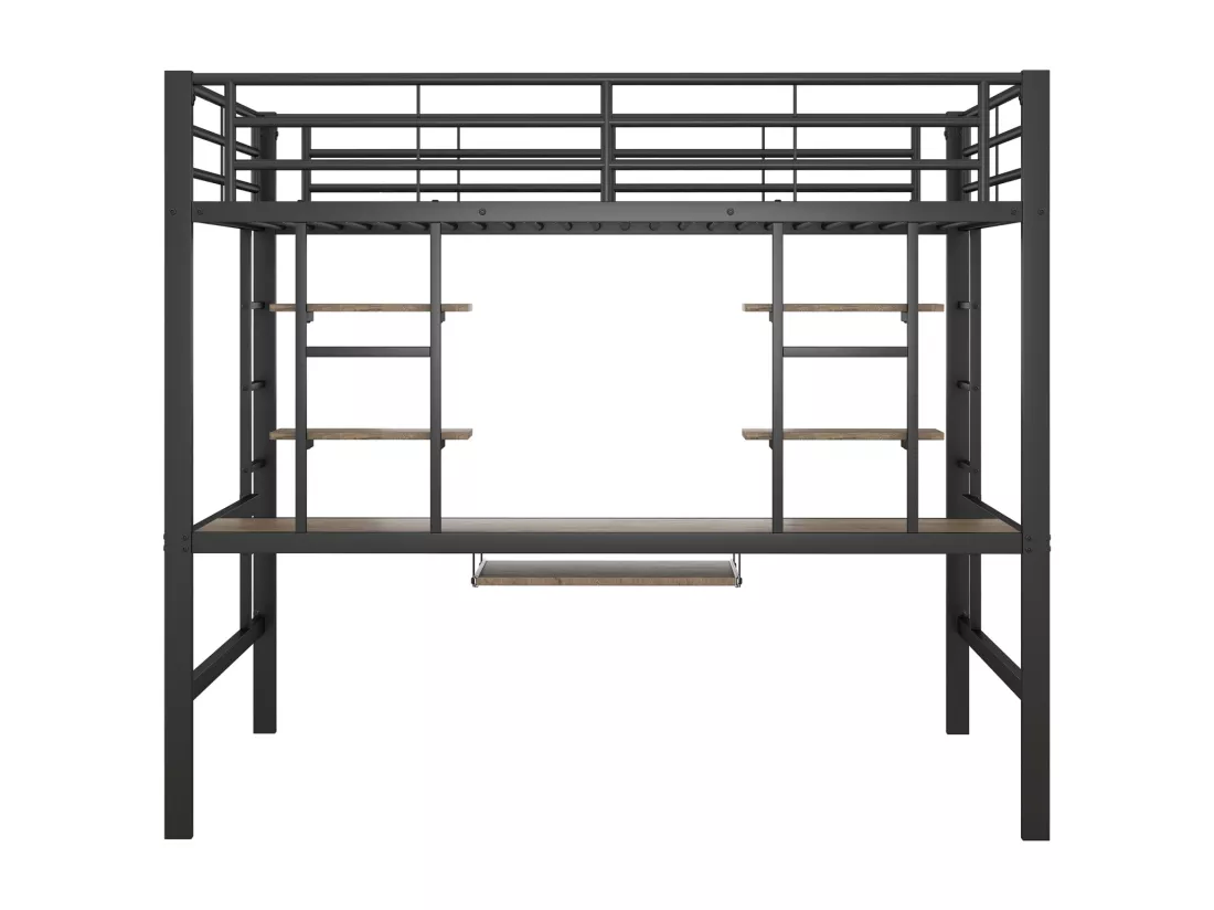 Lit mezzanine 140x200cm pour enfants - Cadre de lit en fer lit surélevé avec bureau pour étude et 2 étagères - noir