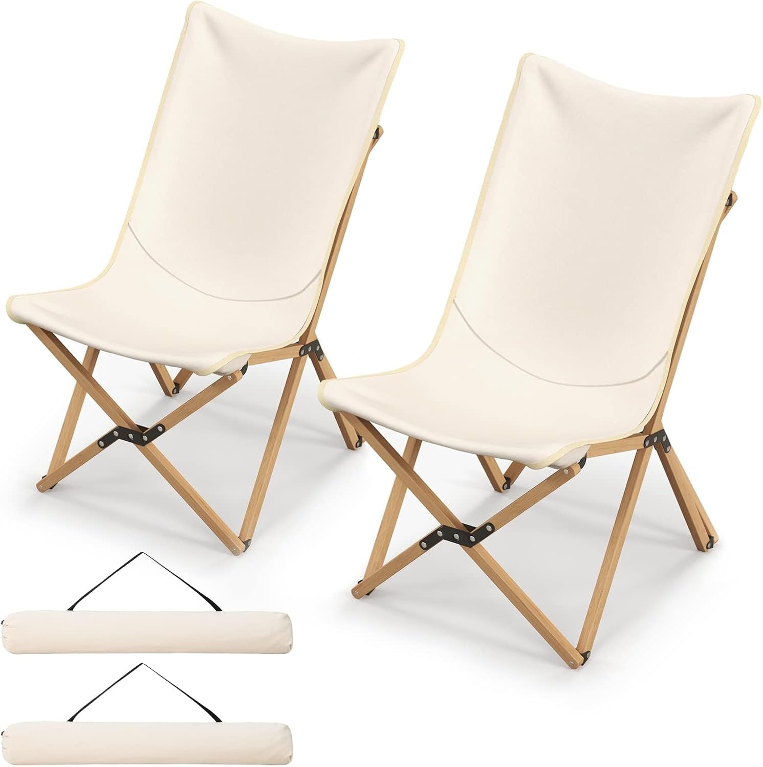 GOPLUS 2er Set Liegestuhl klappbar, Gartenstuhl Klappstuhl aus Bambus bis 150kg belastbar, Campingstuhl ohne  Armlehne leicht tragbar mit Tragetasche, Strandstuhl für Camping Picknick Angeln (Weiß)