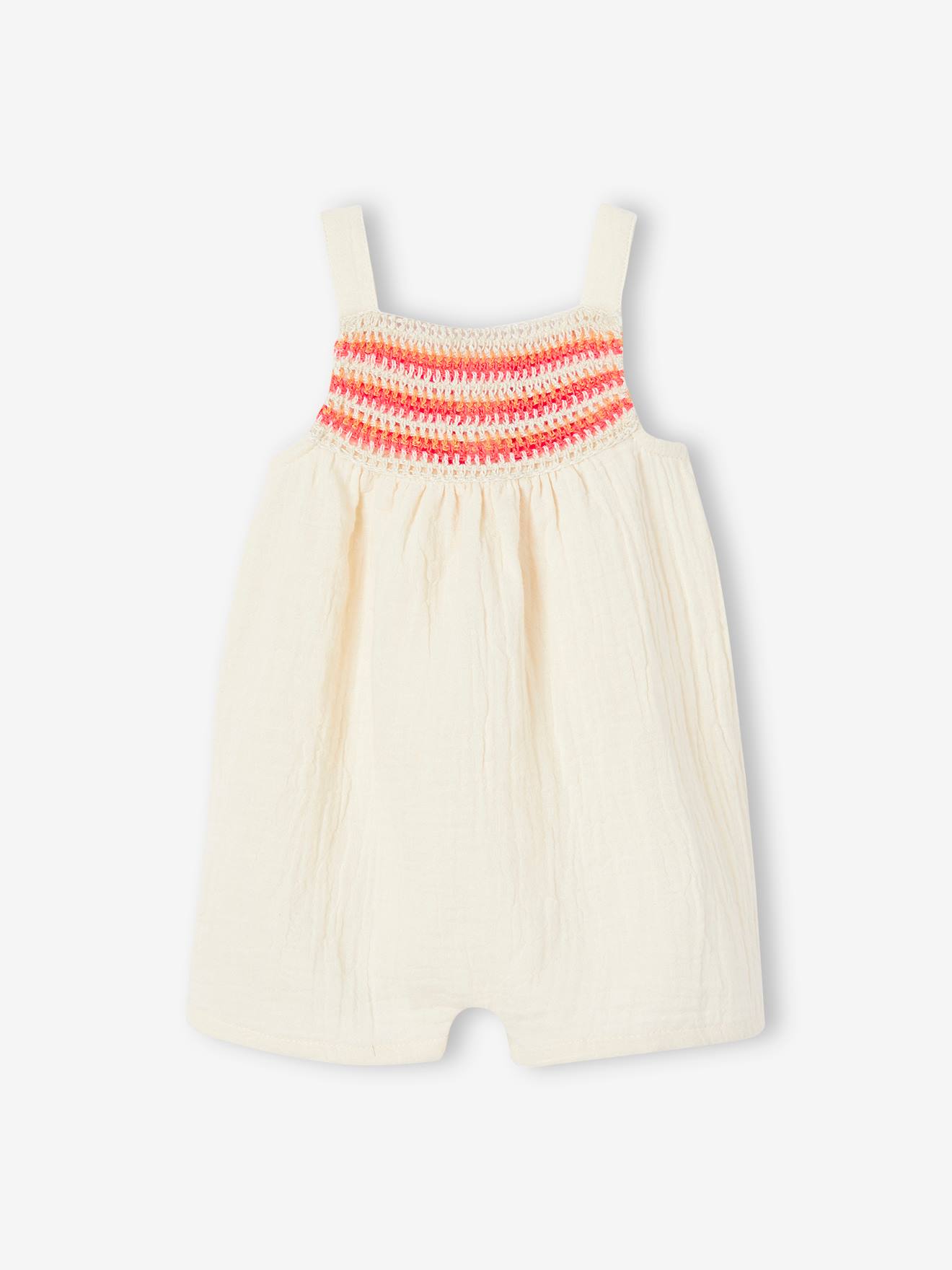 Macacão de bebê em crochê cru e chiffon de algodão