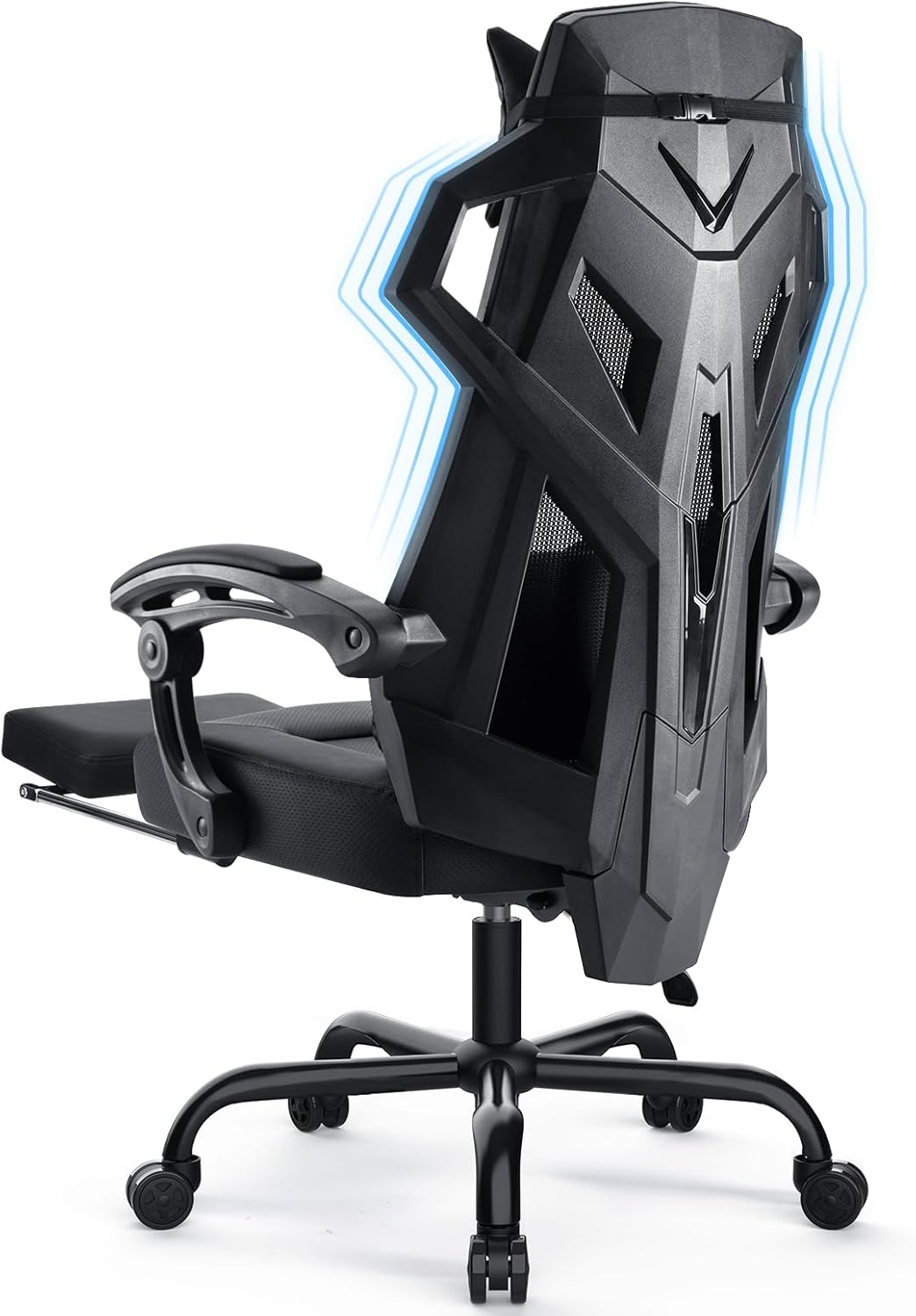 GTPLAYER Ergonomischer Bürostuhl Schreibtischstuhl Gamingstuhl Drehstuhl Verstellbarer Lordosenstütze Kopfstütze Rückenschonend Chefsessel mit Verbindungsarmlehnen Stummrädern schwarz