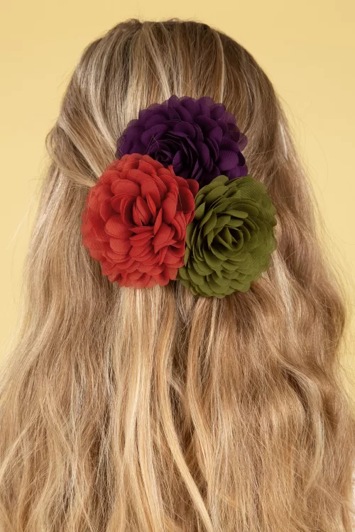 Urban Hippies Hair Flowers set in olijf, pruimpaars en kleirood