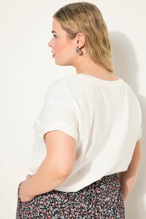 T-Shirt, Rundhals, gesticktes Frauen-Motiv