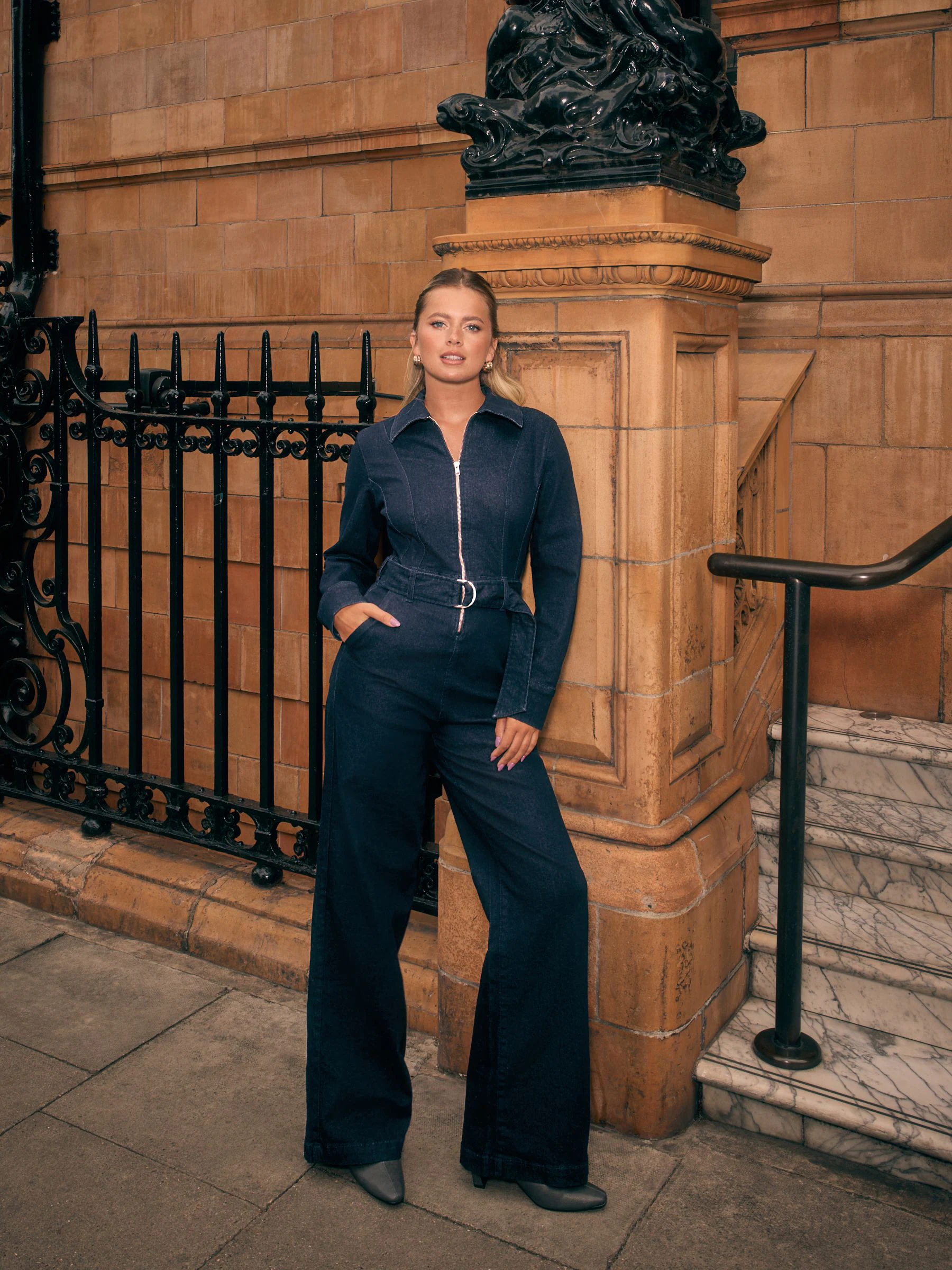 Wassing - Denim Belted Wide Leg Jumpsuit
