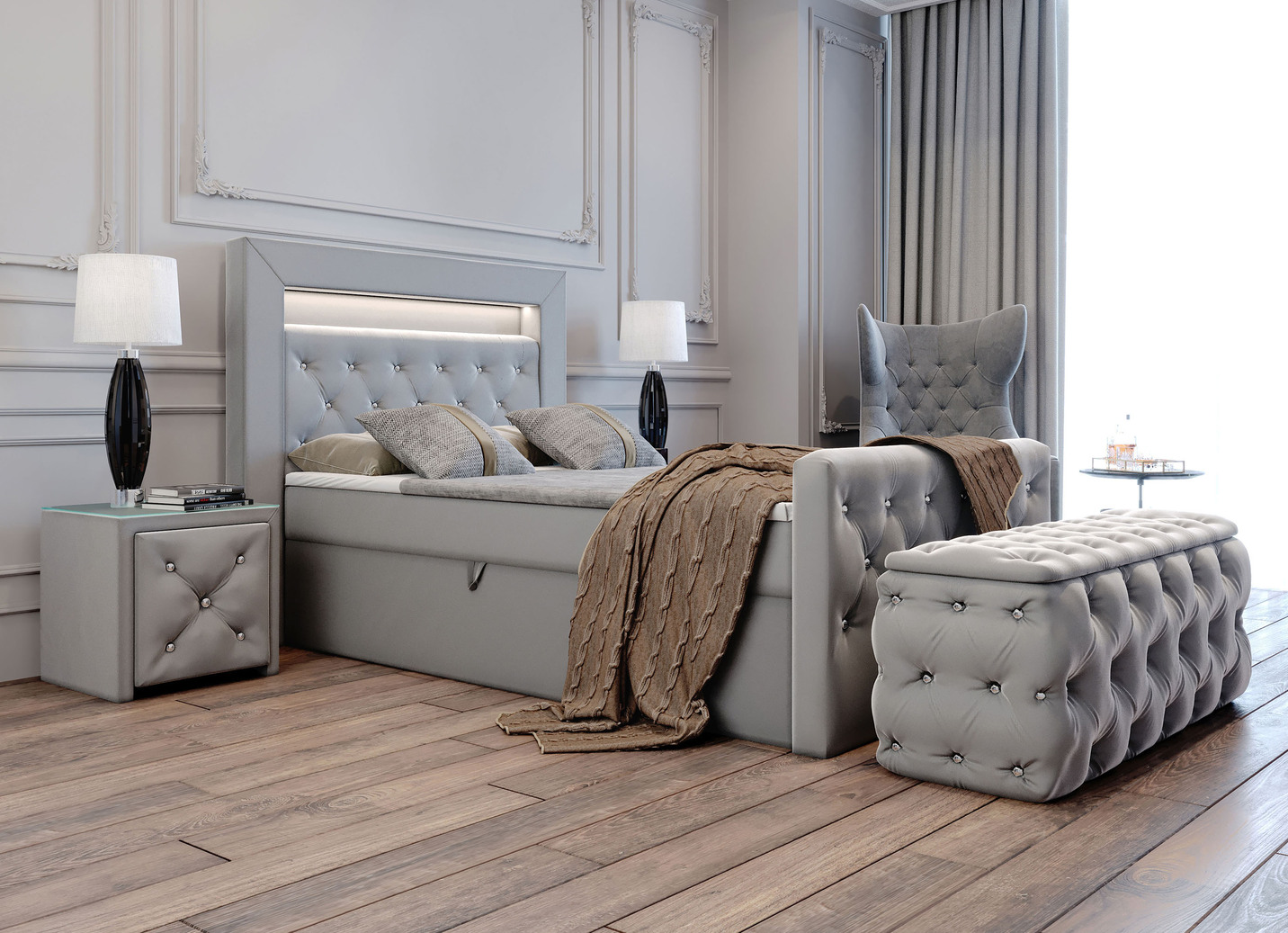 Boxspringbett mit LED-Beleuchtung, Topper und Nachttisch