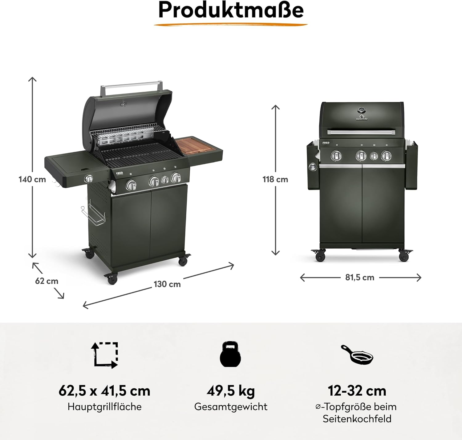 BURNHARD® Gasgrill 3-Brenner inkl. BACKBURNER, 900°C Infrarot-Keramikbrenner, Seitenkochfeld, Gusseisen-Grillrost, Grillabdeckung, Grillwagen, klappbare Seitentische – FRED GREEN