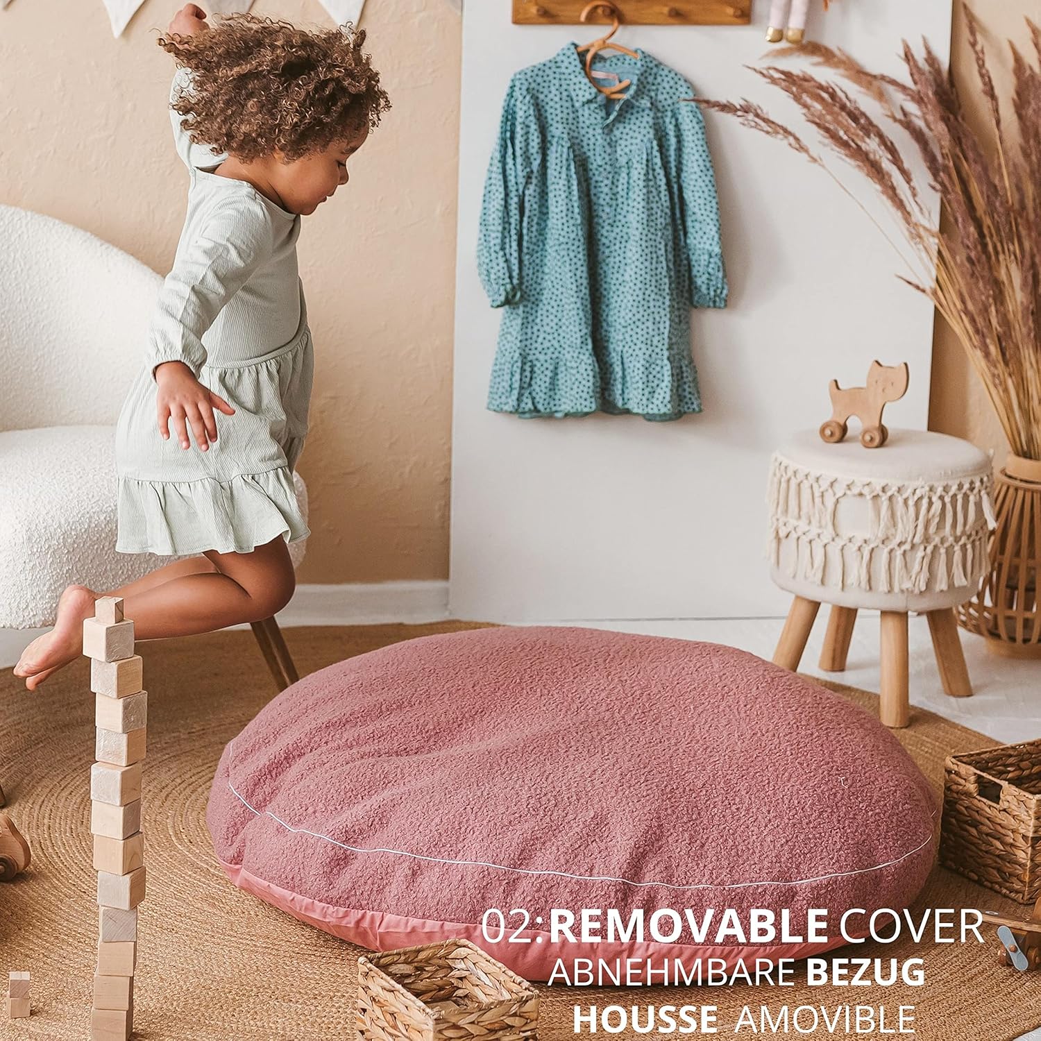 MINICAMP Große Bodenkissen für Kinder - Ultra-Flauschiger & waschbarer Kinder-Sitzsack mit Füllung und Bouclé-Sherpa-Bezug - 100 cm breit - Lounger und Lesekissen für Kleinkinder & Jugendliche (Rosa)