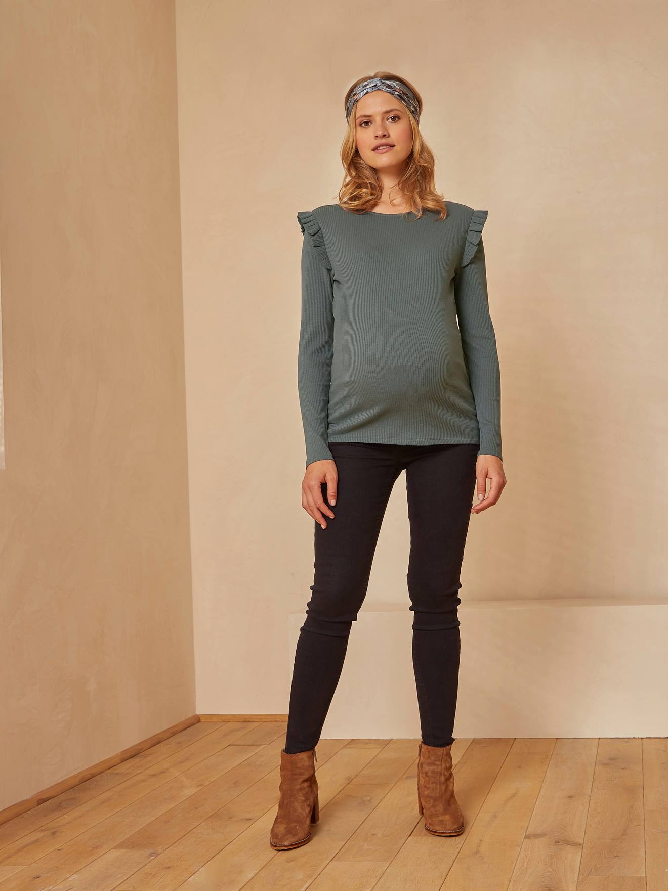 Camisa de maternidade lisa verde-escura com textura canelada