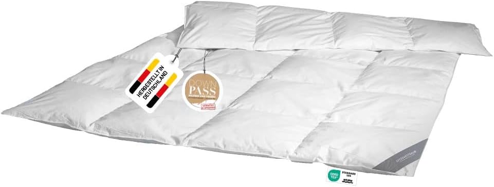 Daunendecke 155x220 cm Ganzjahr normal | 100% Daunen | 730g Füllgewicht | Allergiker geeignet (Nomite) | Oeko-TEX | Made in Germany