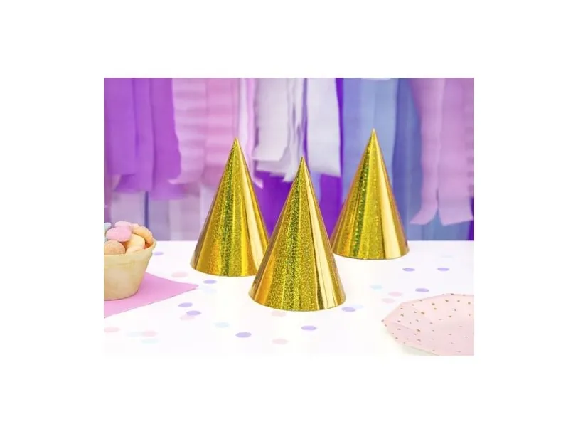 Partyhatte guld holografisk, 6 stk