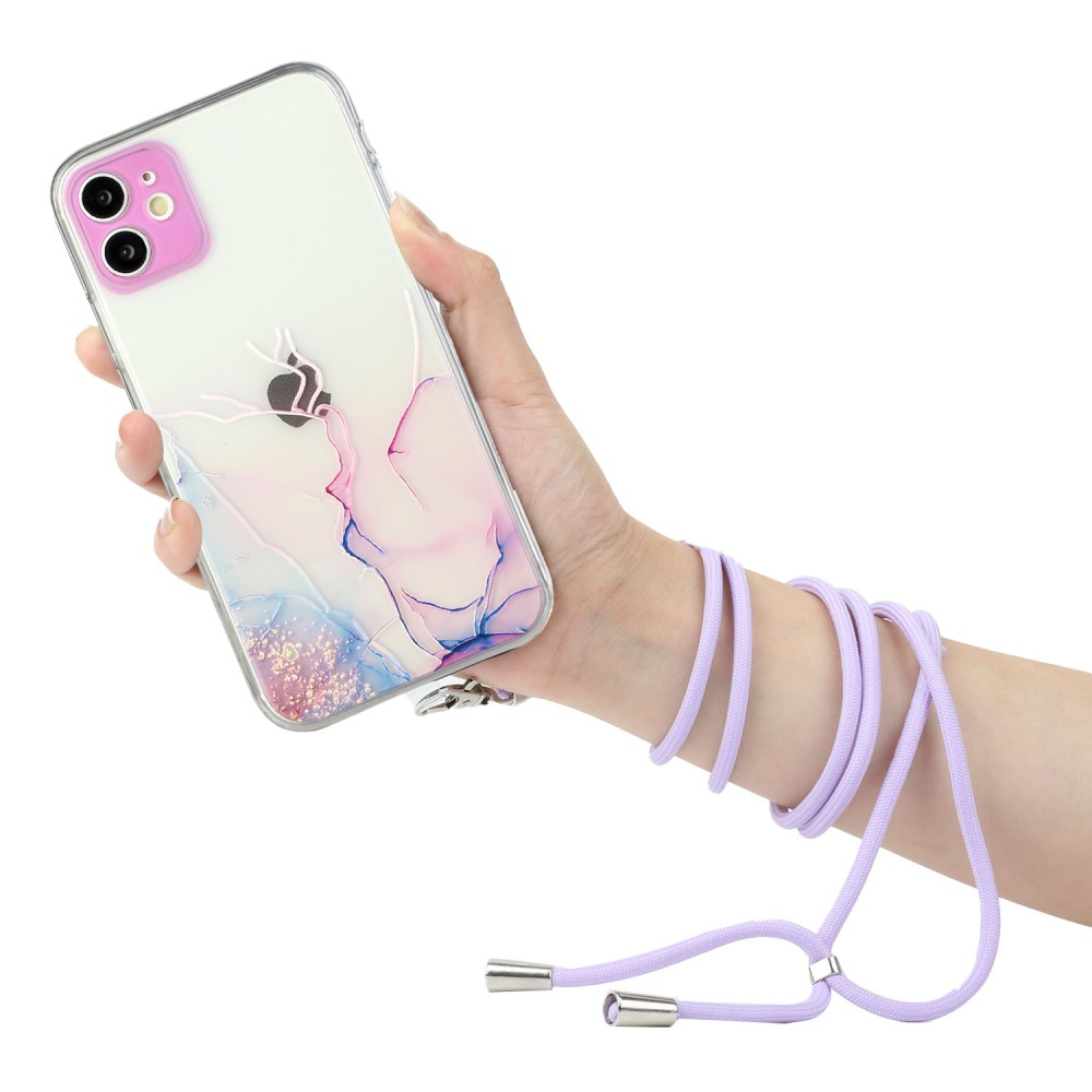 iPhone 12 Necklace Gummi Hülle Marmor Look mit Kameraschutz   Handykette (80cm) - Lila