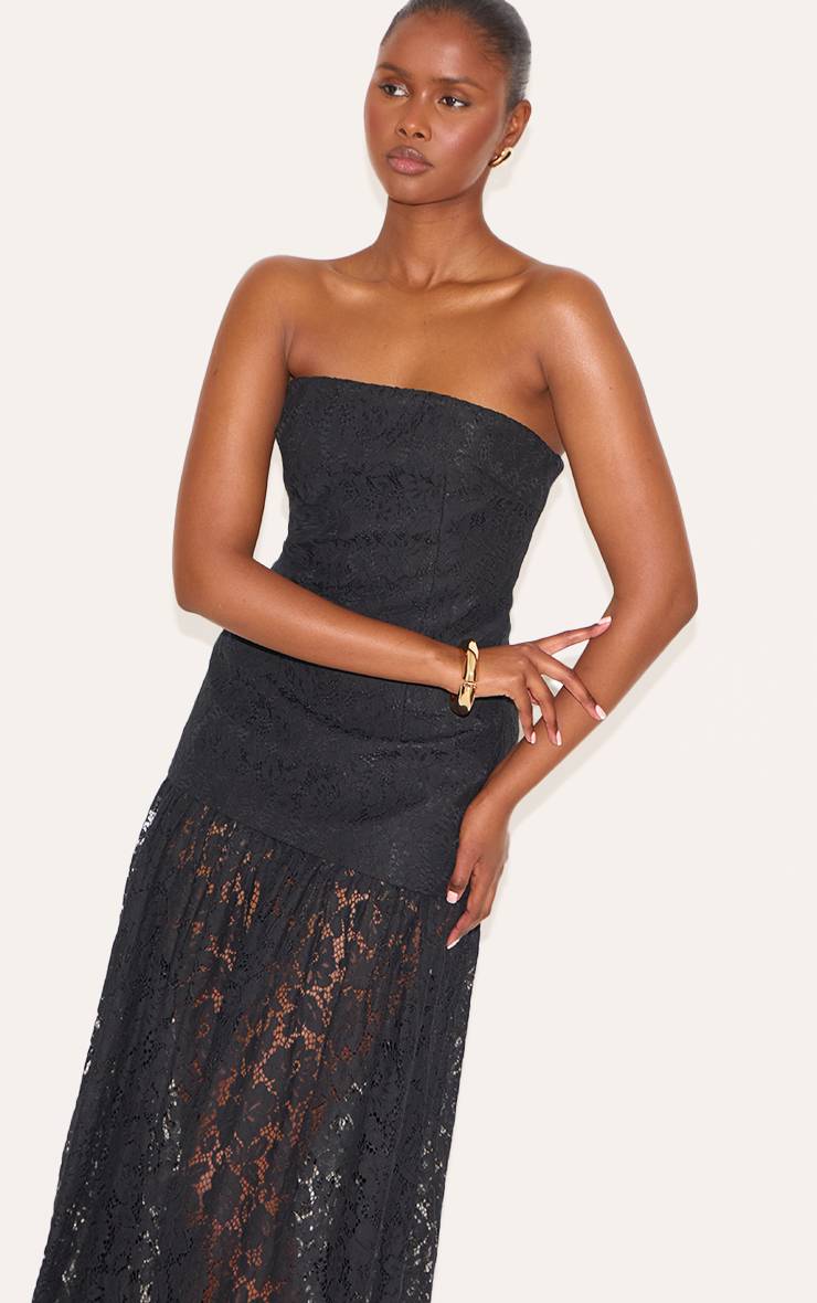 Noir Robe Midaxi Bandeau À Empiècements De Jupe En Dentelle Transparente