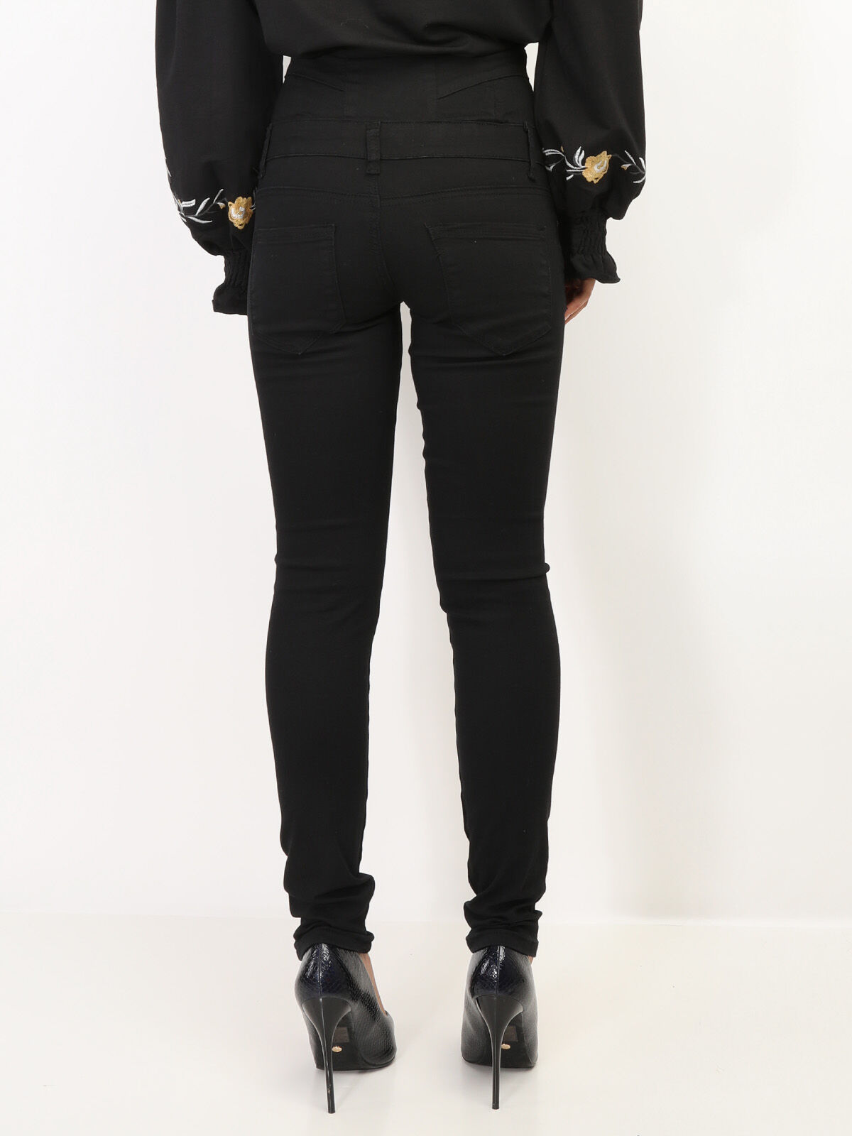 Jeans skinny taille haute à boutons- Noir