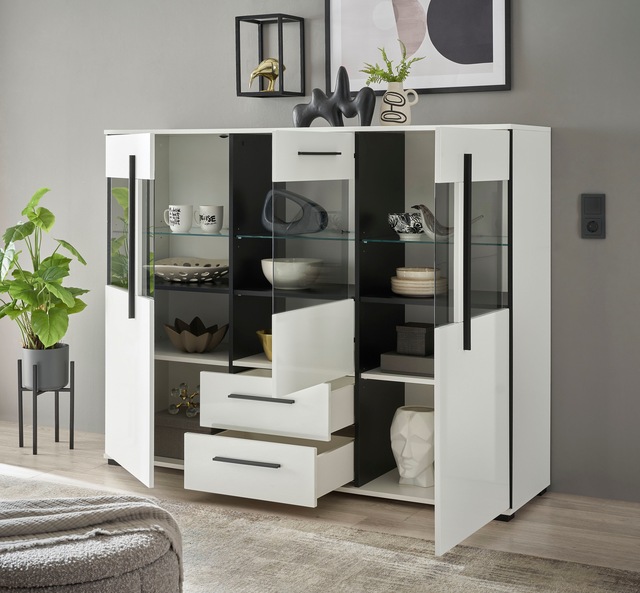 INOSIGN Highboard »Cantara, moderner Schrank, Vitrine in Eiche Dekor oder weiss« schwarze Stangengriffe, ausreichend Stauraum, vielseitig einsetzbar