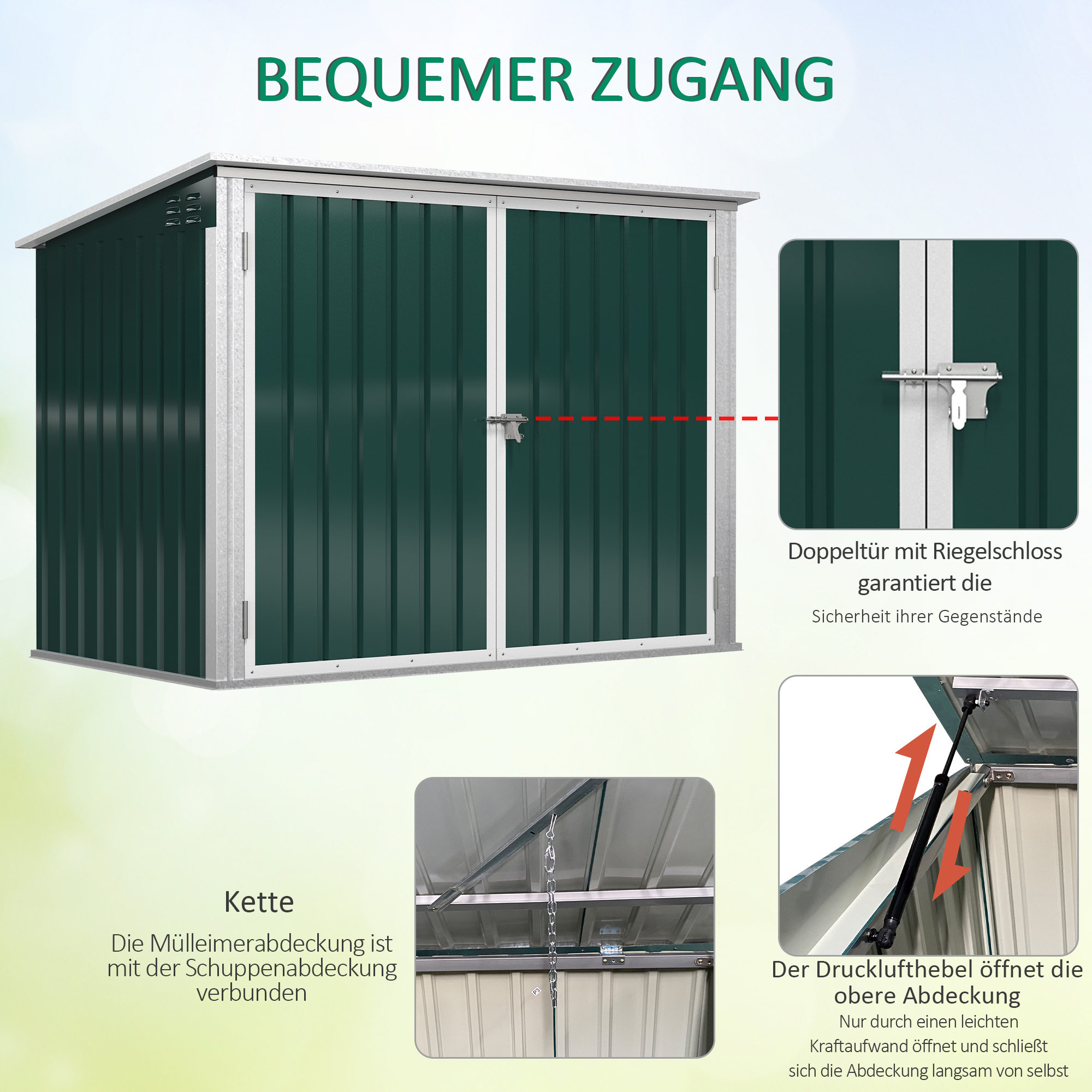 Outsunny Mülltonnenbox mit 2 Behälterdeckelketten, 2 Lüftungsfenstern grün 178,5L x 104,5B x 128,5 cm