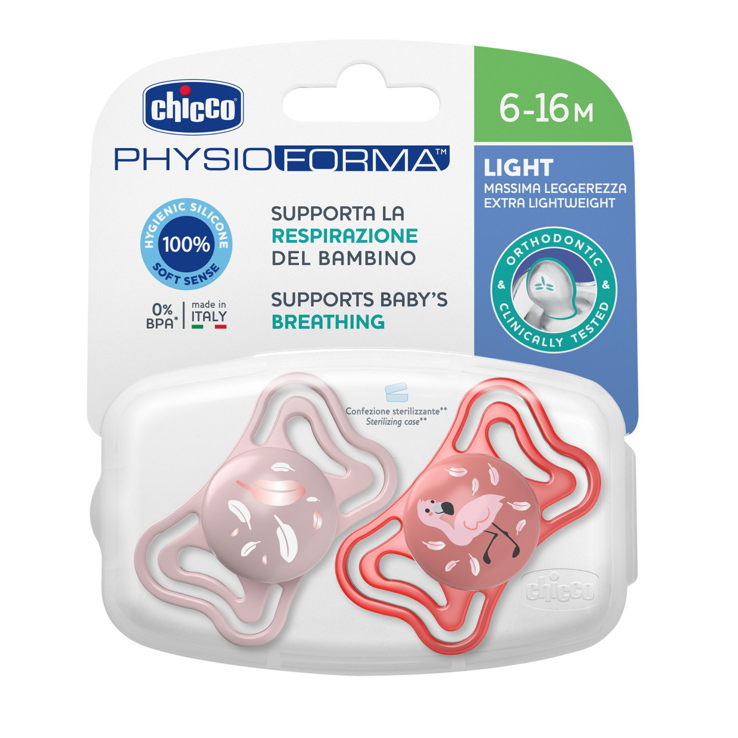 CHICCO Physiologischer Beruhigungssauger PHYSIO FORMA LIGHT Silikon PINK 6-16m 2 Stk