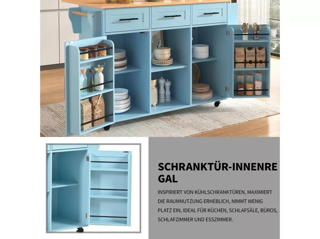 Ilot central de cuisine mobile avec 2 portes et 3 tiroirs - plateau extensible - 129x46/71x91,5 cm - Bois MDF + métal - Bleu + naturel