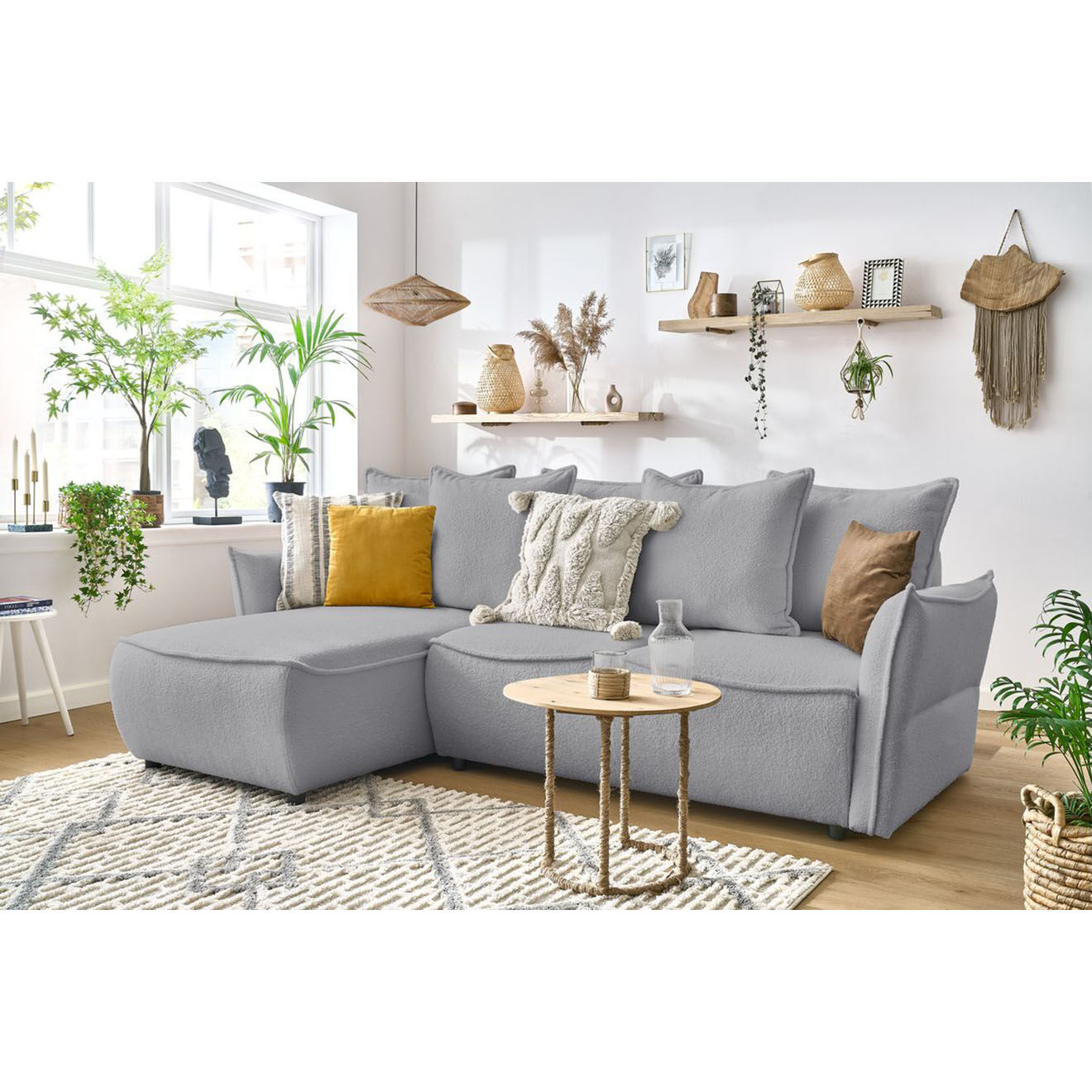 Bobochic Canapé d'angle gauche convertible bouclette Léon gris clair - 242x158x90 cm