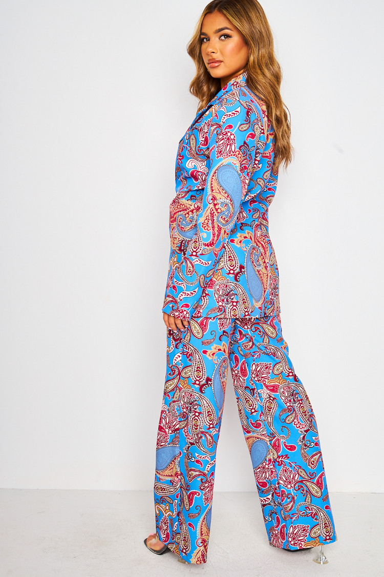 Ensemble bleu paisley blazer + pantalon ceinturé