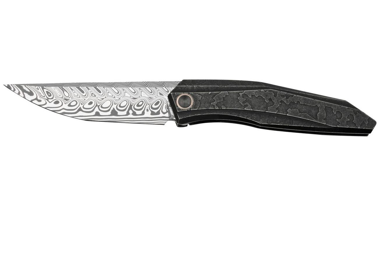 WE Knife Cybernetic WE22033-DS1 Stonewashed Etched Black Titanium, Hakkepella Damaststeel, zakmes