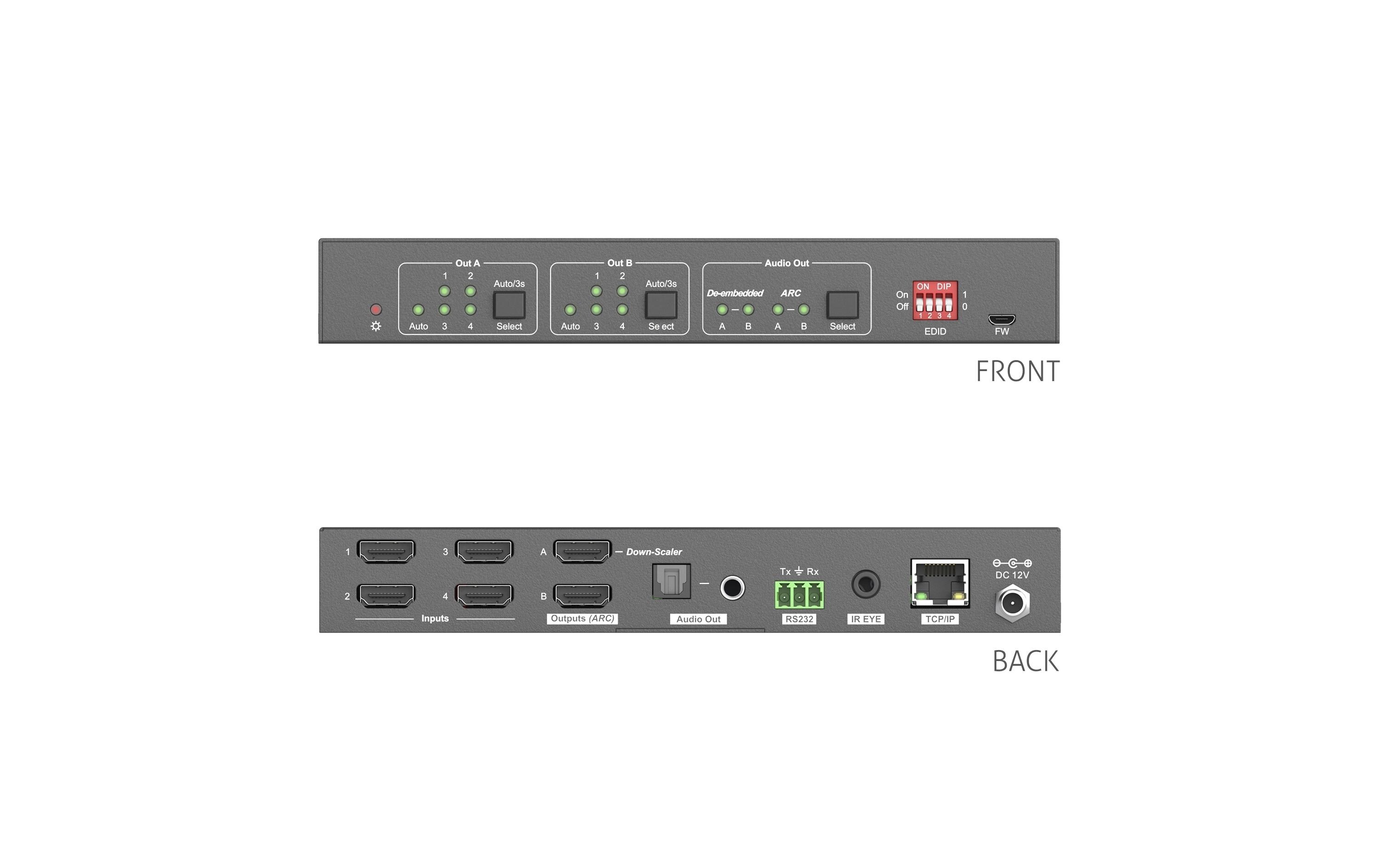 Matrix Switcher PT-MA-HD42UHD HDMI<br>4x2 4K 18Gbps HDMI Matrix Switcher mit Downscaler und Audioauskopplung
