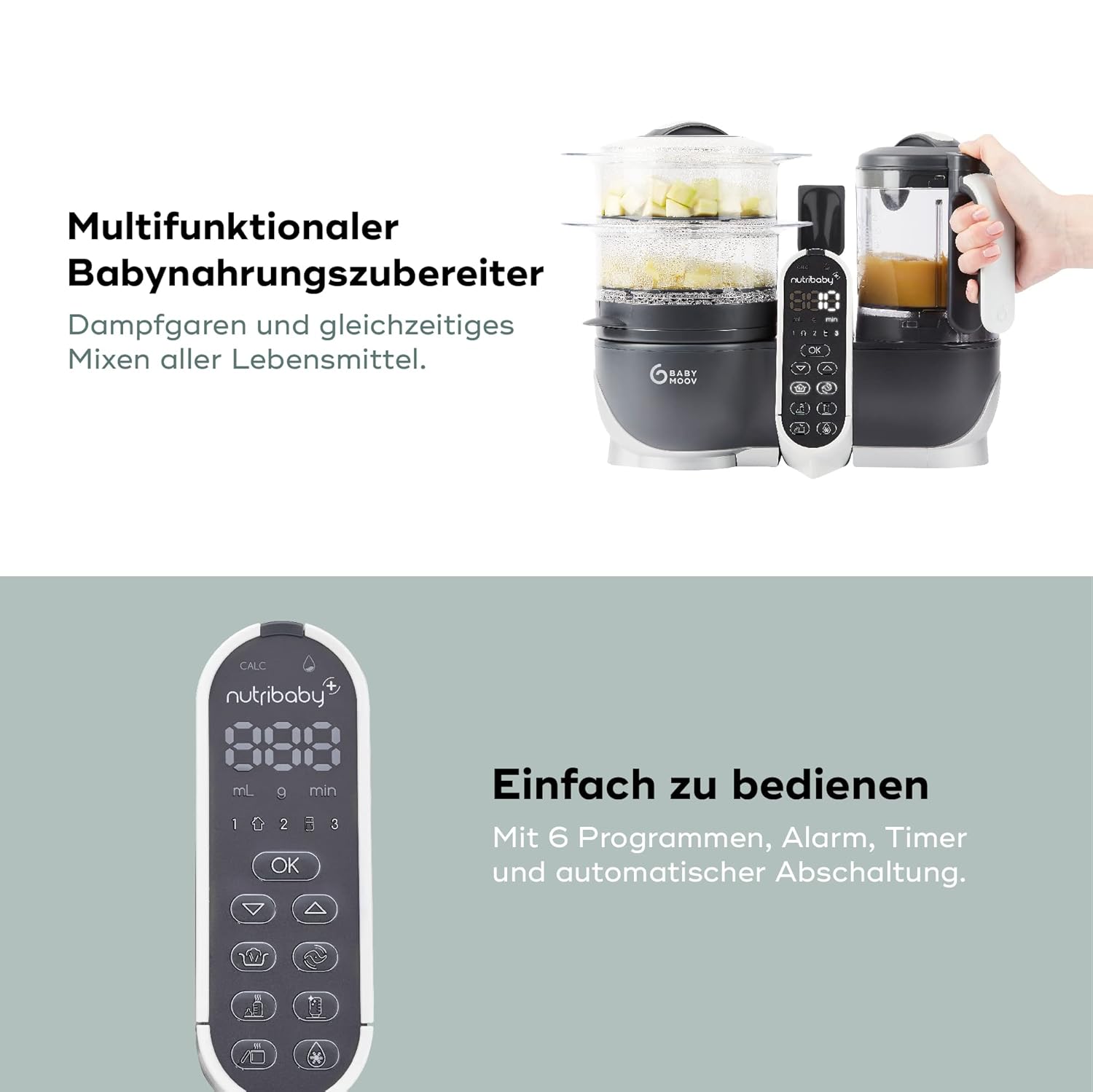 Babymoov Nutribaby Plus industrial grey - Babynahrungszubereiter, 2200ml Fassungsvermögen, schonendes Dampfgaren, Mixen, Sterilisieren, Aufwärmen