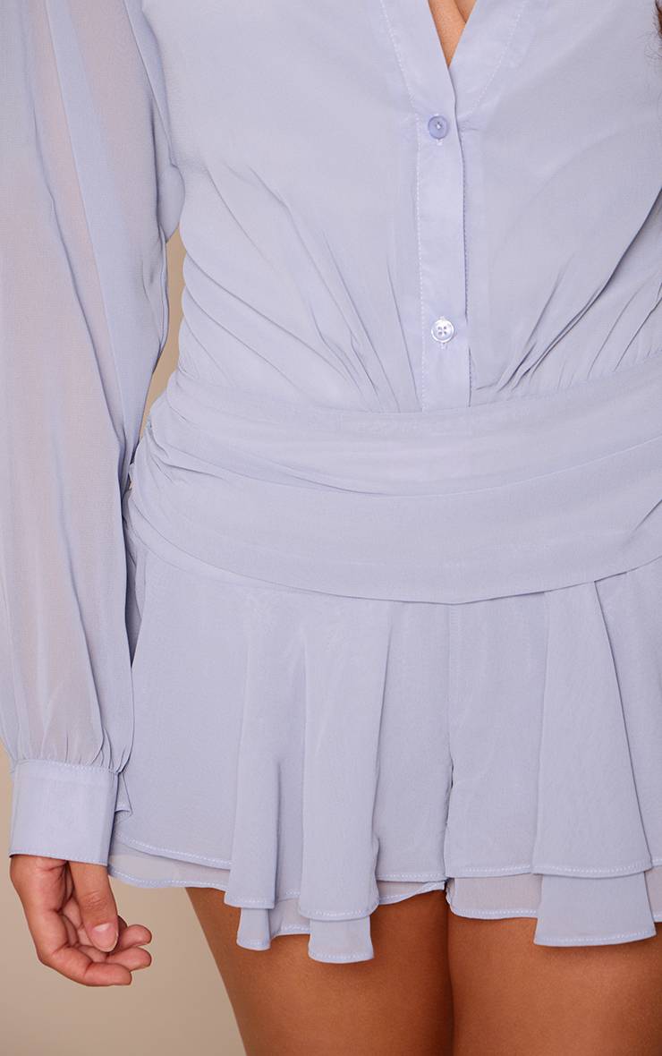 Bleu Combi-short Chemise En Mousseline À Manches Longues