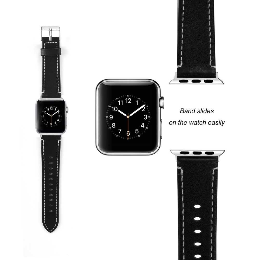Apple Watch (49/46/45/44 mm) Klassiches Echtleder Ersatz Armband mit Metallverschluss (Gelenkumfang 175-220 mm) - Schwarz