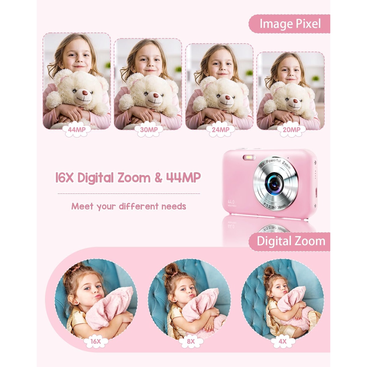 Digitalkamera 1080P 44MP 16x zoom 2,4-tommers skjerm Rosa