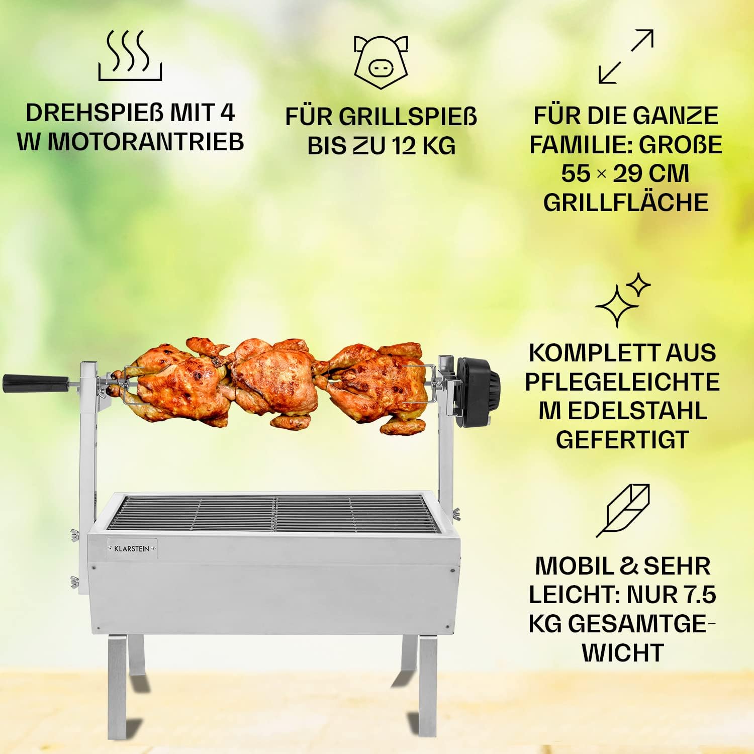 Klarstein 2-in-1 Rotisserie Grill mit Motor, Mini, mit Drehspieß, Elektrischer Spießgrill für Hähnchen & Spanferkel, Spieß Grill mit Edelstahl-Rost, Holzkohlegrill mit Rollen
