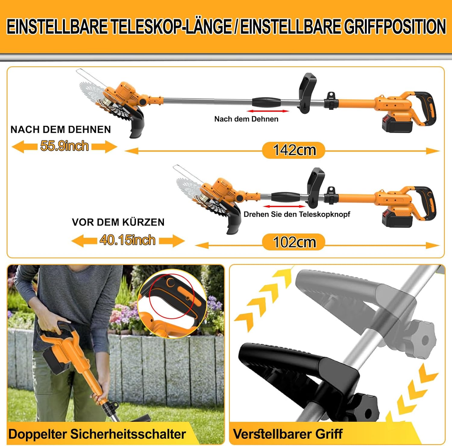 Rasentrimmer mit Akku, 4 in 1 Rasentrimmer mit Unkrautbürste 21V Bürstenloser Freischneider Akku, Teleskop, Verstellbarer, für Garden Trimmen, Orange