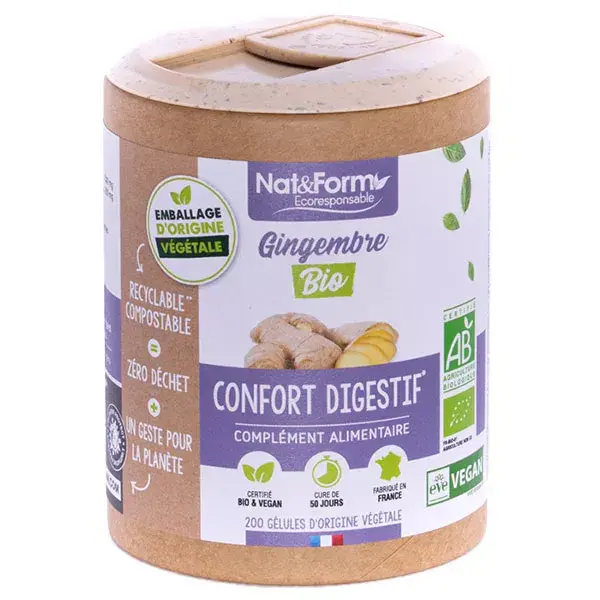 Gengibre orgânico ecológico Nat & Form, 200 cápsulas