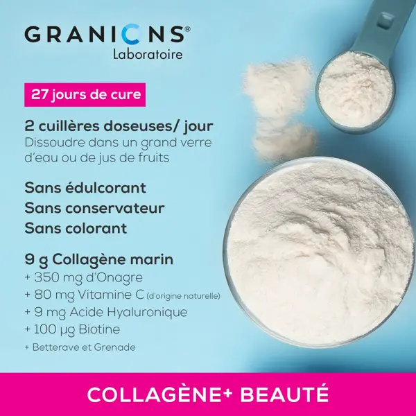 Granions Collagen Beauty+ - Pacote com 2 sachês de colágeno marinho hidrolisado tipo I em pó, sabor romã, tratamento de 2 meses.