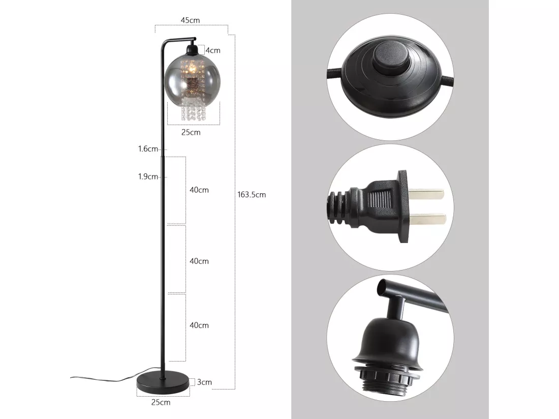 Lampadaire Intérieur 1 Flamme E27 Gris Fumé Lampadaire Grand Cristal Pour Bureau Canapé