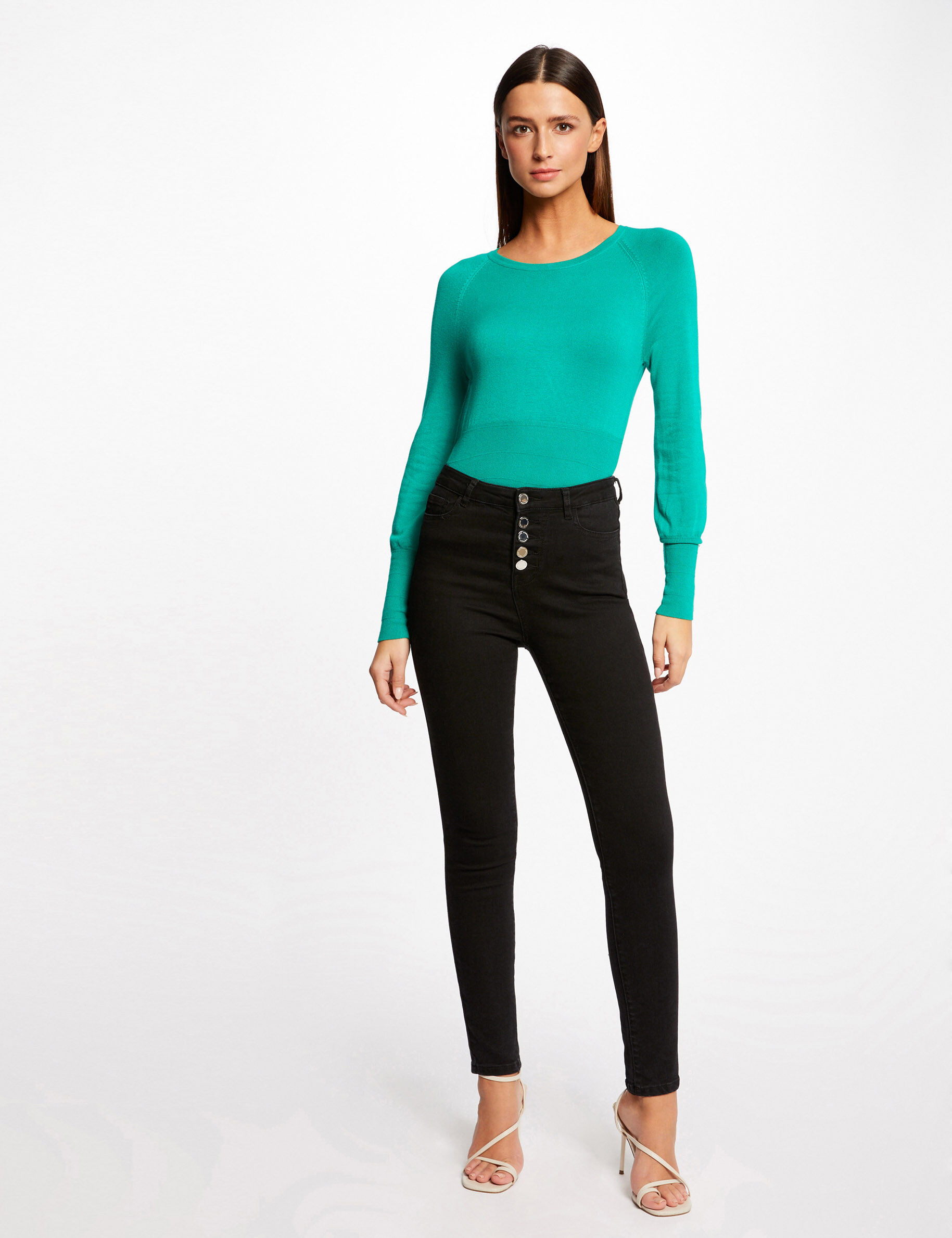 Pull manches longues à col rond vert moyen femme - vert_moyen