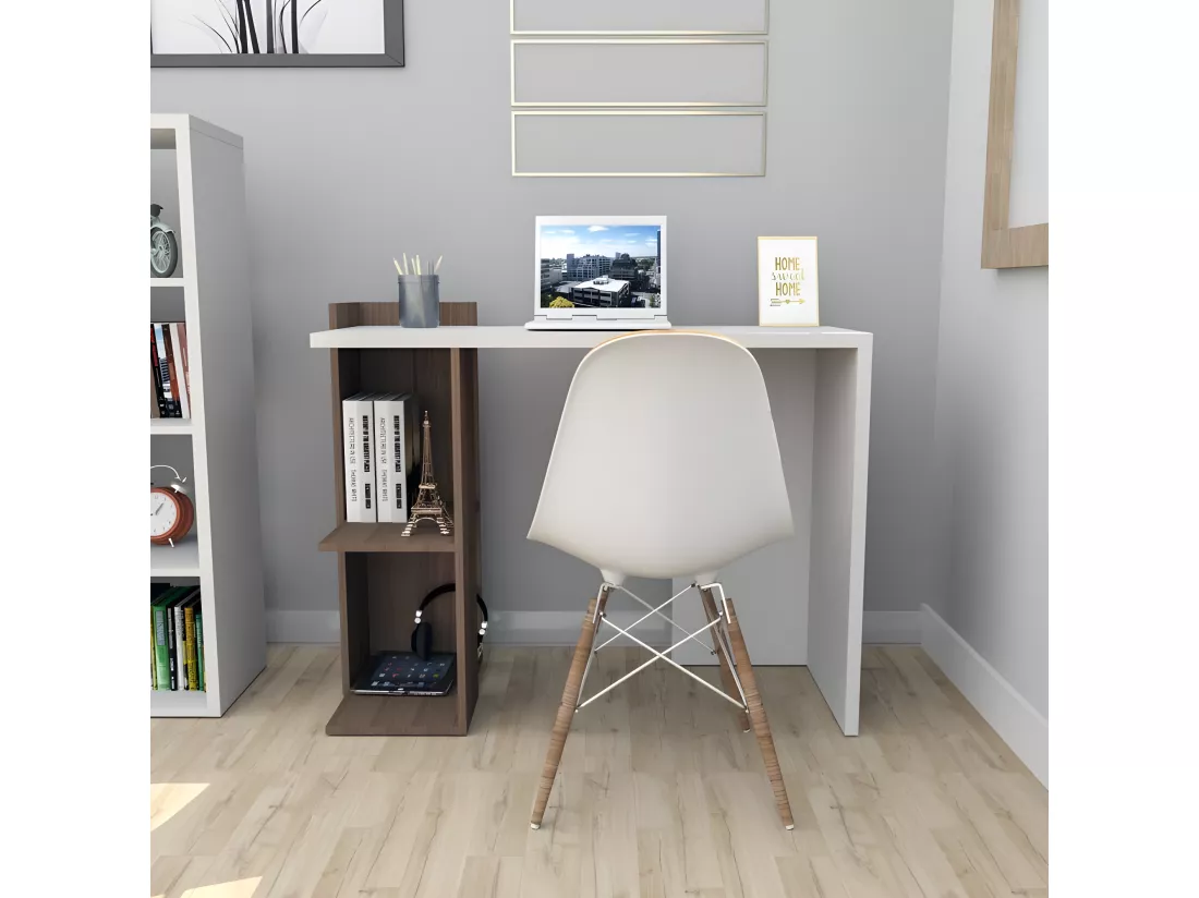 Bureau 102 cm Blanc et 1 Caisson Noyer