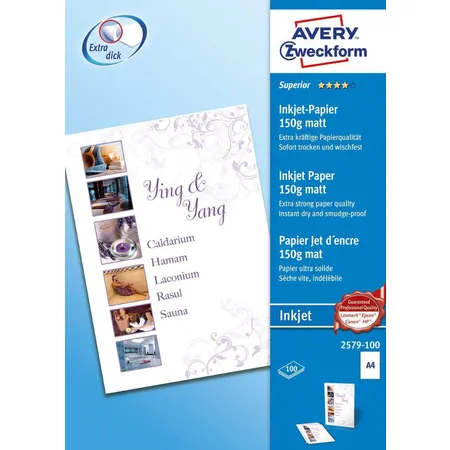 Avery Zweckform 2579-100 Superior Inkjet Papier, DIN A4, einseitig beschichtet, 150 g/m², 100 Blatt